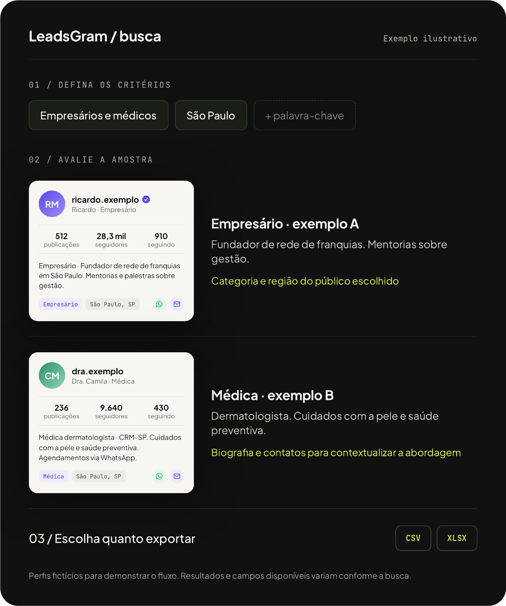 Exemplo ilustrativo da busca segmentada no LeadsGram